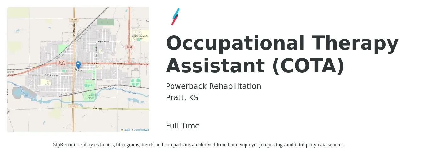 Powerback Rehabilitation job posting for a Occupational Therapy Assistant (COTA) in Pratt, KS with a salary of $24 to $31 Hourly with a map of Pratt location.