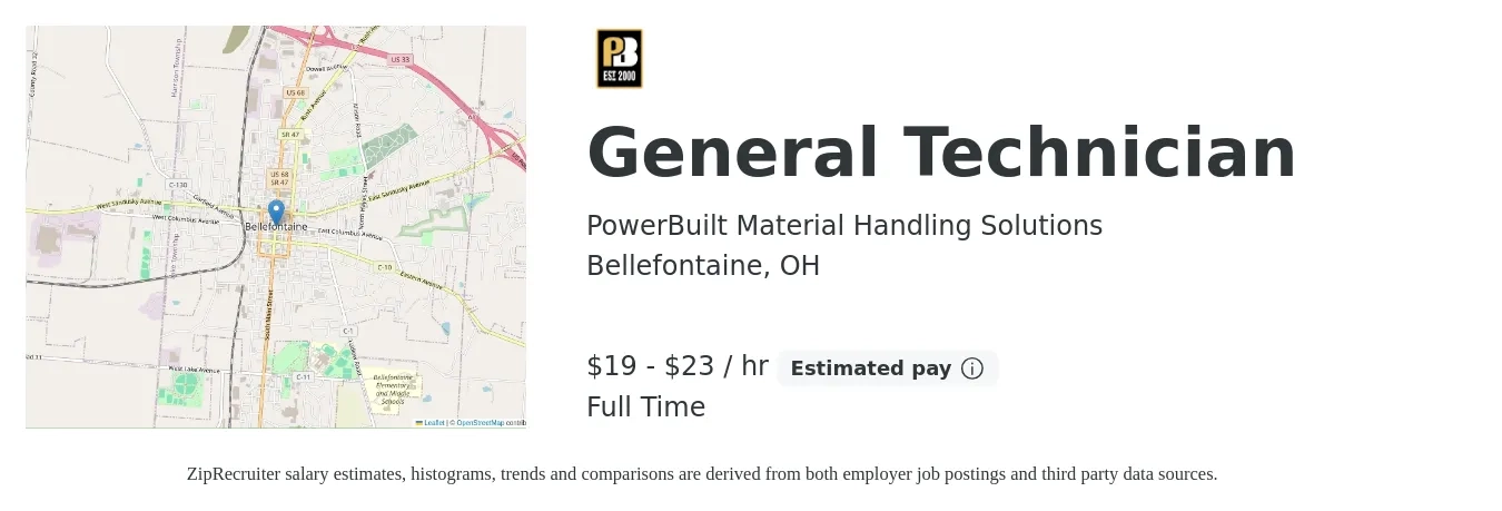 PowerBuilt Material Handling Solutions job posting for a General Technician in Bellefontaine, OH with a salary of $20 to $24 Hourly with a map of Bellefontaine location.