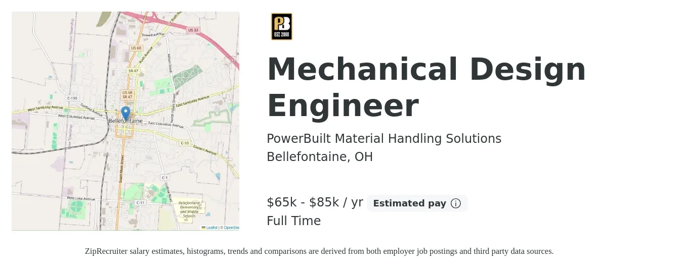 PowerBuilt Material Handling Solutions job posting for a Mechanical Design Engineer in Bellefontaine, OH with a salary of $65,000 to $85,000 Yearly with a map of Bellefontaine location.