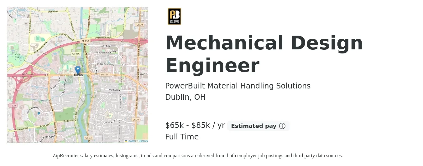 PowerBuilt Material Handling Solutions job posting for a Mechanical Design Engineer in Dublin, OH with a salary of $65,000 to $85,000 Yearly with a map of Dublin location.