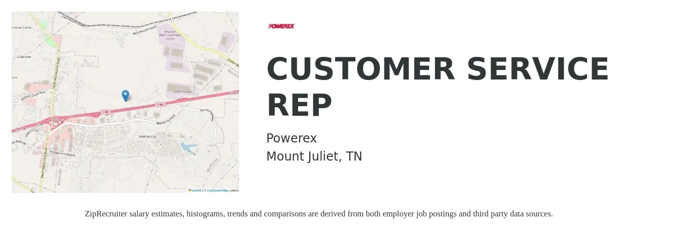 Powerex job posting for a CUSTOMER SERVICE REP in Mount Juliet, TN with a salary of $15 to $20 Hourly with a map of Mount Juliet location.