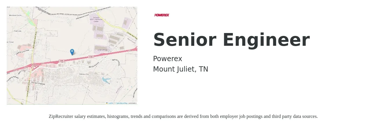 Powerex job posting for a Senior Engineer in Mount Juliet, TN with a salary of $98,700 to $135,600 Yearly with a map of Mount Juliet location.