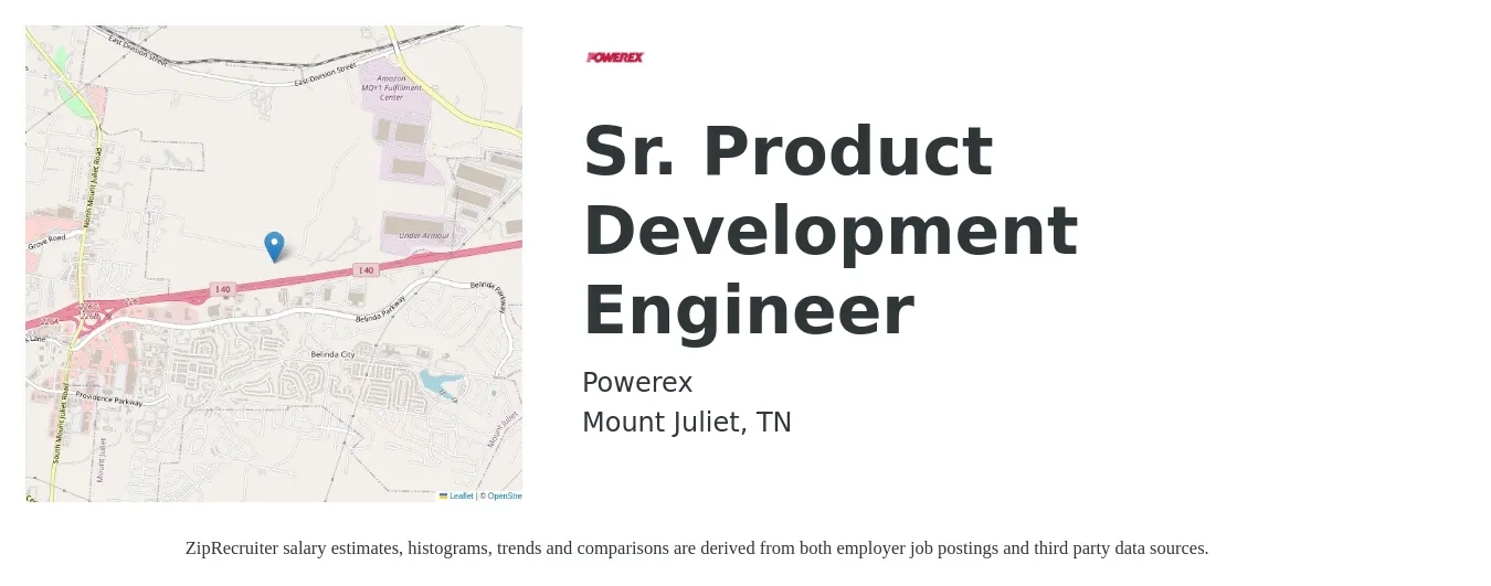 Powerex job posting for a Sr. Product Development Engineer in Mount Juliet, TN with a salary of $87,900 to $134,100 Yearly with a map of Mount Juliet location.