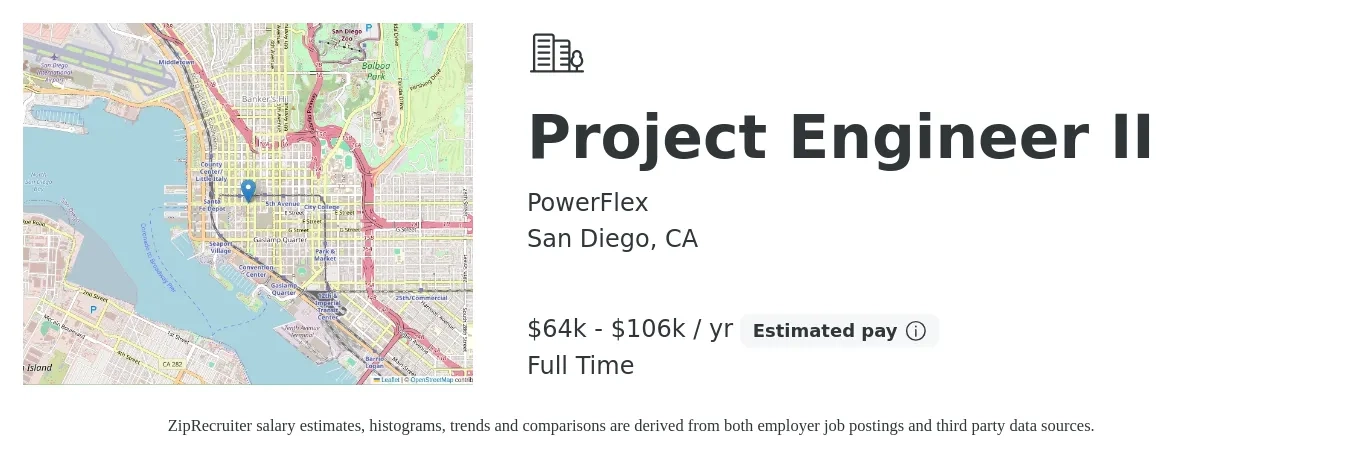 PowerFlex job posting for a Project Engineer II in San Diego, CA with a salary of $64,000 to $106,500 Yearly with a map of San Diego location.