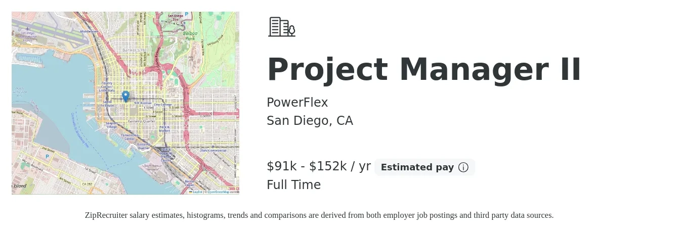 PowerFlex job posting for a Project Manager II in San Diego, CA with a salary of $91,000 to $152,000 Yearly with a map of San Diego location.
