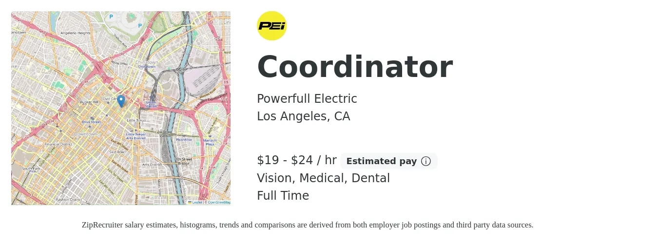 Powerfull Electric job posting for a Coordinator in Los Angeles, CA with a salary of $20 to $25 Hourly (plus commission) and benefits including retirement, vision, dental, life_insurance, and medical with a map of Los Angeles location.