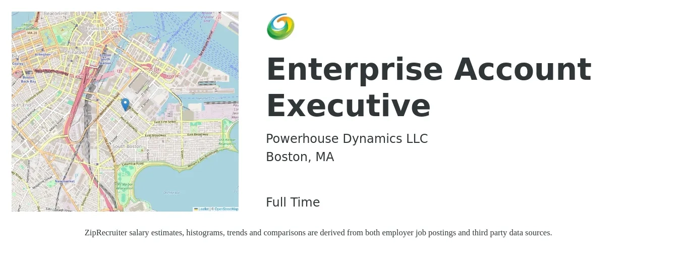 Powerhouse Dynamics LLC job posting for a Enterprise Account Executive in Boston, MA with a salary of $86,700 to $146,200 Yearly with a map of Boston location.