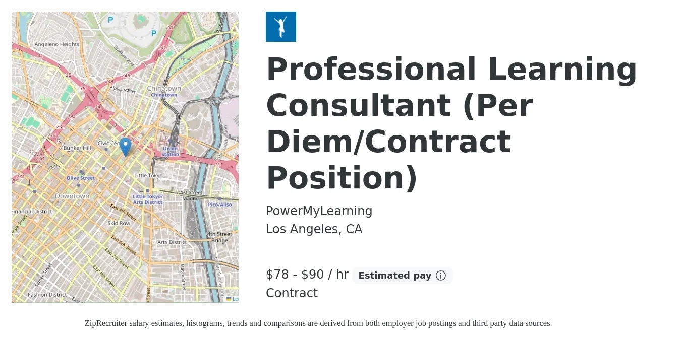 PowerMyLearning job posting for a Professional Learning Consultant (Per Diem/Contract Position) in Los Angeles, CA with a salary of $650 to $750 Daily with a map of Los Angeles location.