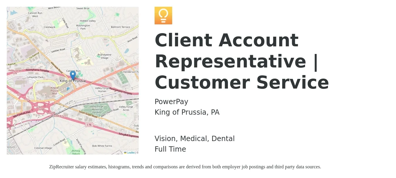 PowerPay job posting for a Client Account Representative (Customer Service) in King of Prussia, PA with a salary of $16 to $22 Hourly with a map of King of Prussia location.