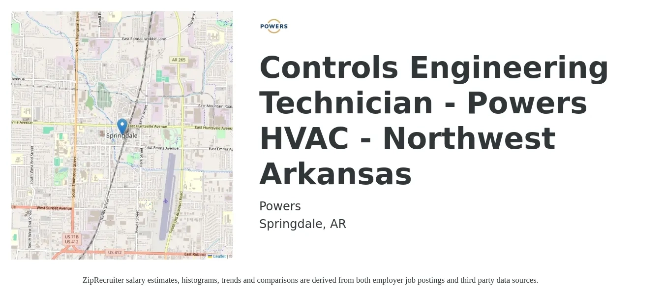 Powers job posting for a Controls Engineering Technician - Powers HVAC - Northwest Arkansas in Springdale, AR with a salary of $27 to $35 Hourly with a map of Springdale location.