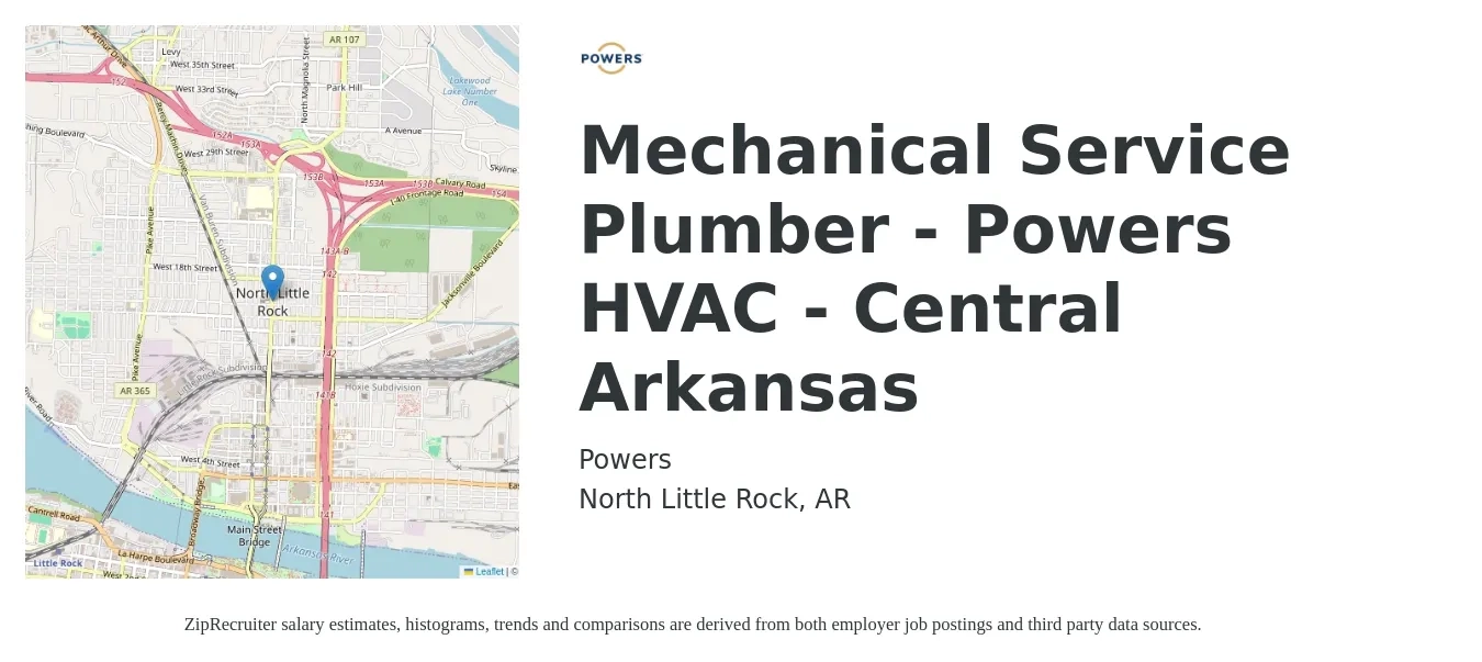 Powers job posting for a Mechanical Service Plumber - Powers HVAC - Central Arkansas in North Little Rock, AR with a salary of $24 to $36 Hourly with a map of North Little Rock location.
