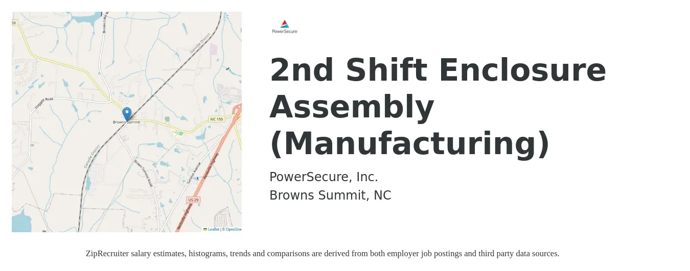 PowerSecure, Inc. job posting for a 2nd Shift Enclosure Assembly (Manufacturing) in Browns Summit, NC with a salary of $15 to $18 Hourly with a map of Browns Summit location.