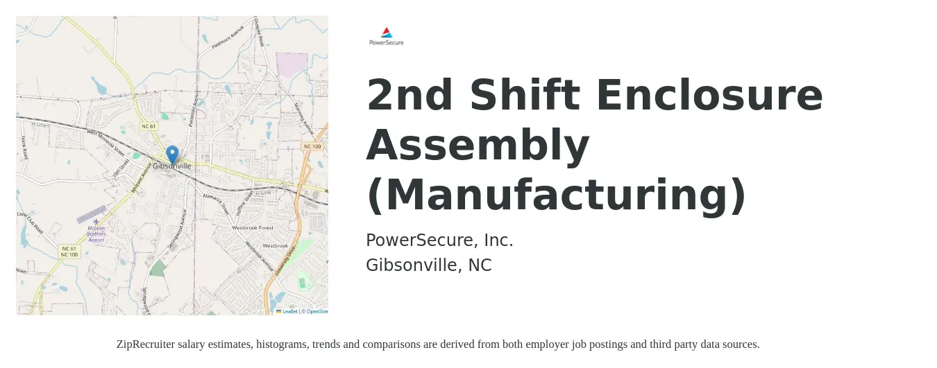 PowerSecure, Inc. job posting for a 2nd Shift Enclosure Assembly (Manufacturing) in Gibsonville, NC with a salary of $12 to $14 Hourly with a map of Gibsonville location.
