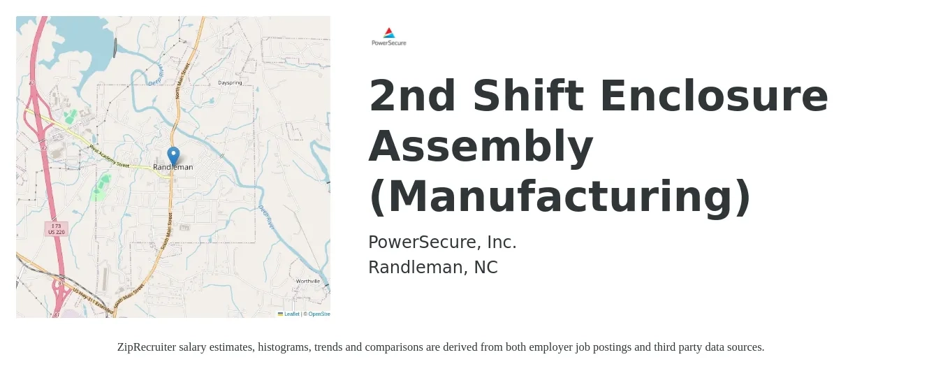 PowerSecure, Inc. job posting for a 2nd Shift Enclosure Assembly (Manufacturing) in Randleman, NC with a salary of $15 to $18 Hourly with a map of Randleman location.
