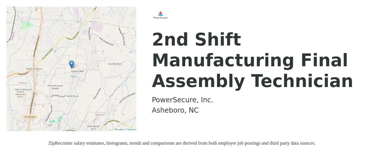 PowerSecure, Inc. job posting for a 2nd Shift Manufacturing Final Assembly Technician in Asheboro, NC with a salary of $16 to $20 Hourly with a map of Asheboro location.