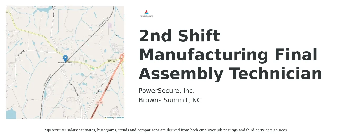 PowerSecure, Inc. job posting for a 2nd Shift Manufacturing Final Assembly Technician in Browns Summit, NC with a salary of $16 to $20 Hourly with a map of Browns Summit location.
