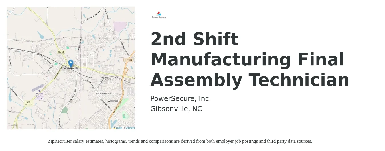PowerSecure, Inc. job posting for a 2nd Shift Manufacturing Final Assembly Technician in Gibsonville, NC with a salary of $12 to $16 Hourly with a map of Gibsonville location.