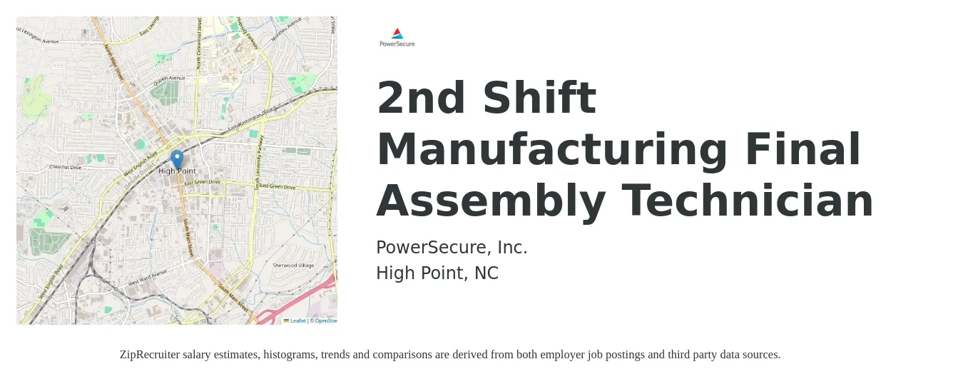 PowerSecure, Inc. job posting for a 2nd Shift Manufacturing Final Assembly Technician in High Point, NC with a salary of $16 to $20 Hourly with a map of High Point location.