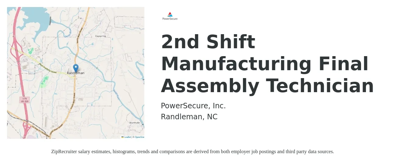 PowerSecure, Inc. job posting for a 2nd Shift Manufacturing Final Assembly Technician in Randleman, NC with a salary of $16 to $20 Hourly with a map of Randleman location.