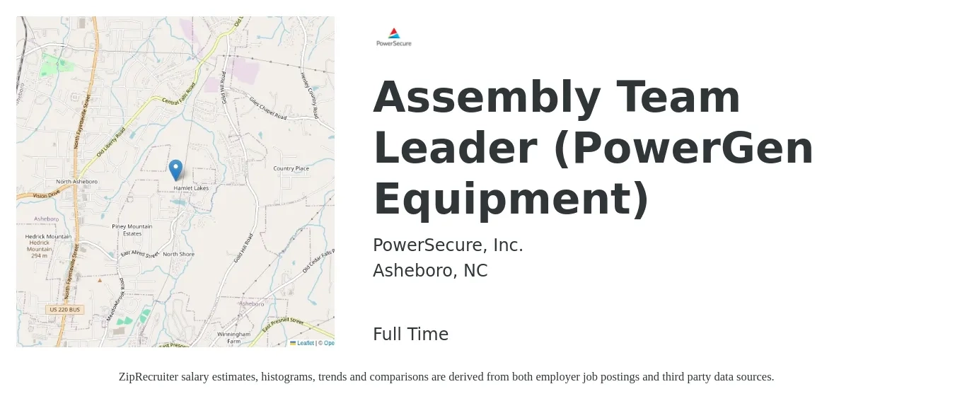 PowerSecure, Inc. job posting for a Assembly Team Leader (PowerGen Equipment) in Asheboro, NC with a salary of $16 to $22 Hourly with a map of Asheboro location.