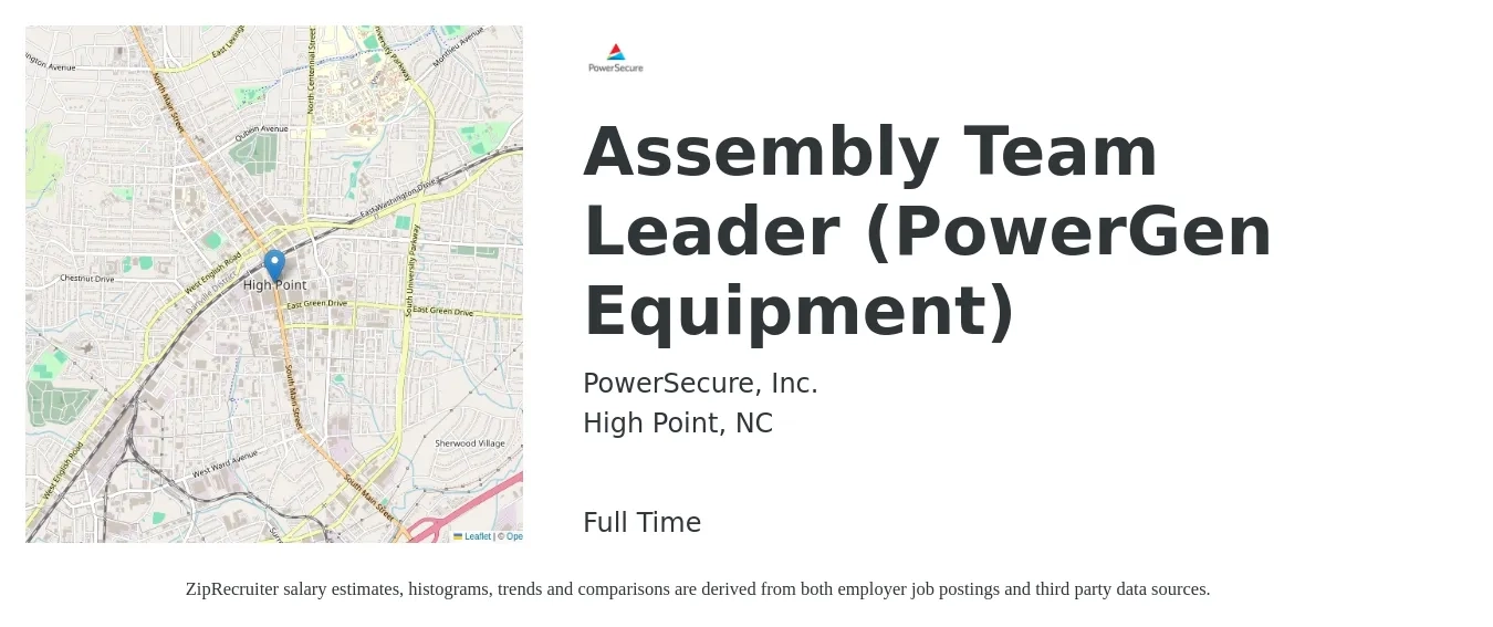 PowerSecure, Inc. job posting for a Assembly Team Leader (PowerGen Equipment) in High Point, NC with a salary of $16 to $22 Hourly with a map of High Point location.