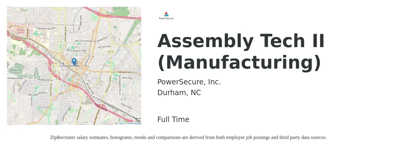 PowerSecure, Inc. job posting for a Assembly Tech II (Manufacturing) in Durham, NC with a salary of $16 to $20 Hourly with a map of Durham location.