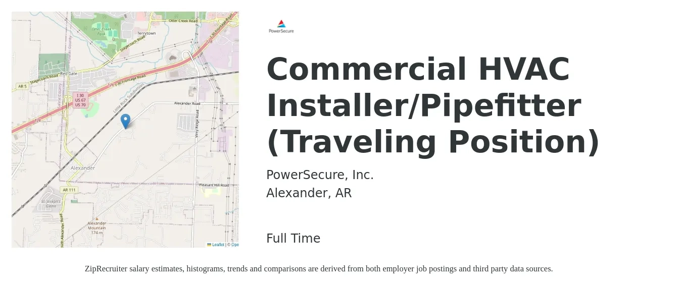 PowerSecure, Inc. job posting for a Commercial HVAC Installer/Pipefitter (Traveling Position) in Alexander, AR with a salary of $20 to $31 Hourly with a map of Alexander location.