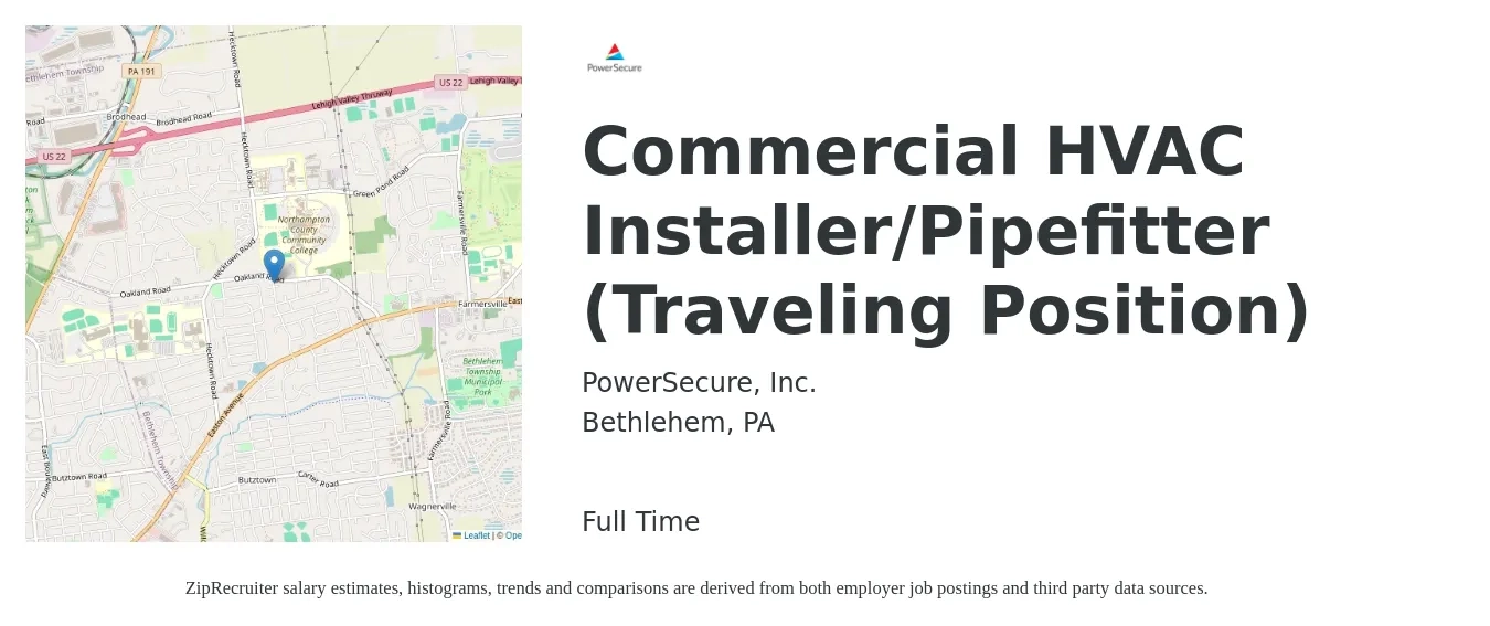 PowerSecure, Inc. job posting for a Commercial HVAC Installer/Pipefitter (Traveling Position) in Bethlehem, PA with a salary of $21 to $32 Hourly with a map of Bethlehem location.