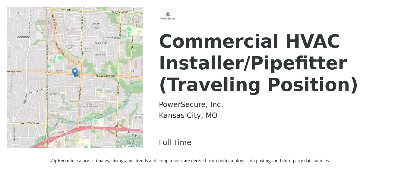 PowerSecure, Inc. job posting for a Commercial HVAC Installer/Pipefitter (Traveling Position) in Kansas City, MO with a salary of $21 to $32 Hourly with a map of Kansas City location.
