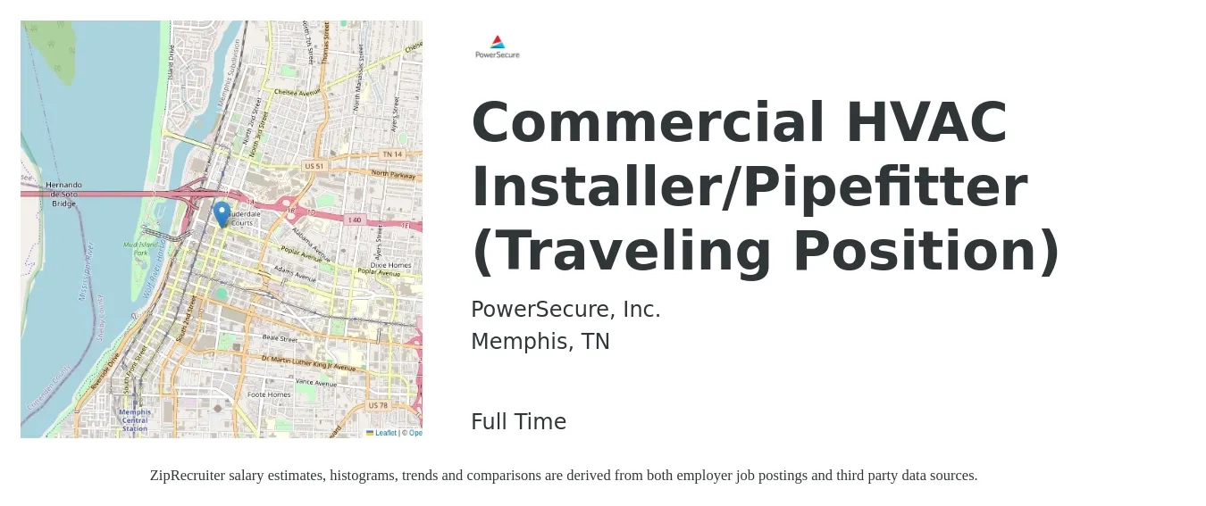 PowerSecure, Inc. job posting for a Commercial HVAC Installer/Pipefitter (Traveling Position) in Memphis, TN with a salary of $21 to $32 Hourly with a map of Memphis location.