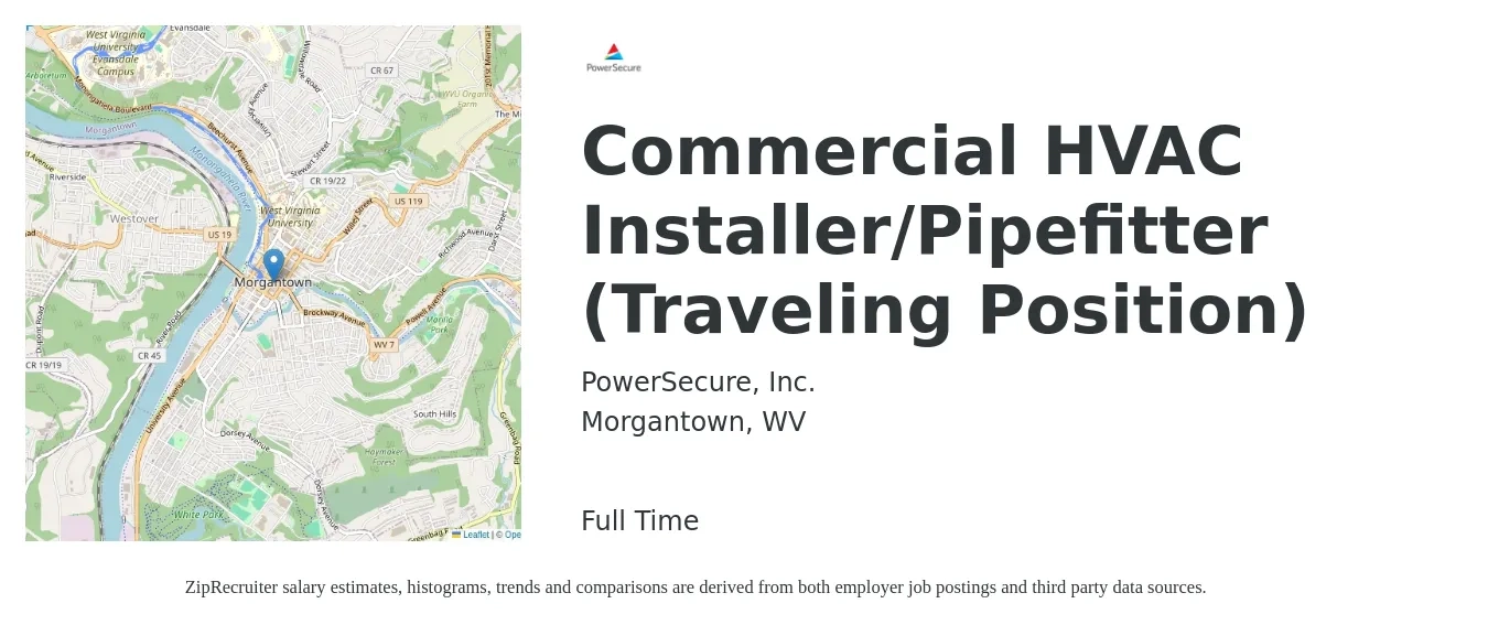 PowerSecure, Inc. job posting for a Commercial HVAC Installer/Pipefitter (Traveling Position) in Morgantown, WV with a salary of $22 to $34 Hourly with a map of Morgantown location.