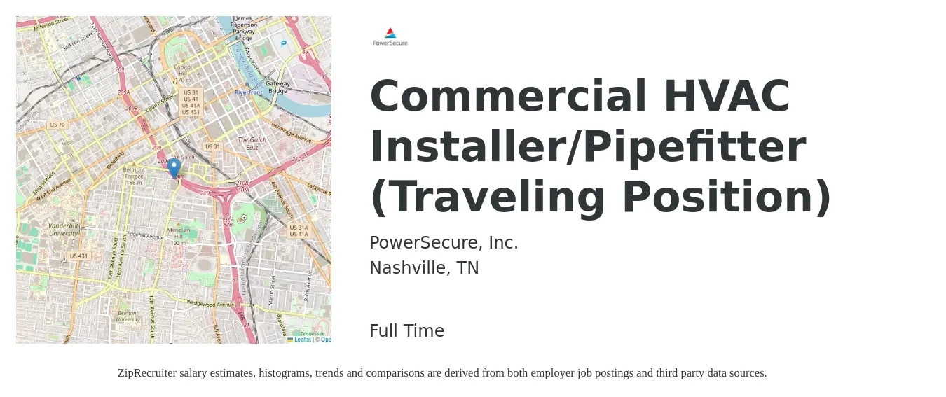 PowerSecure, Inc. job posting for a Commercial HVAC Installer/Pipefitter (Traveling Position) in Nashville, TN with a salary of $21 to $32 Hourly with a map of Nashville location.