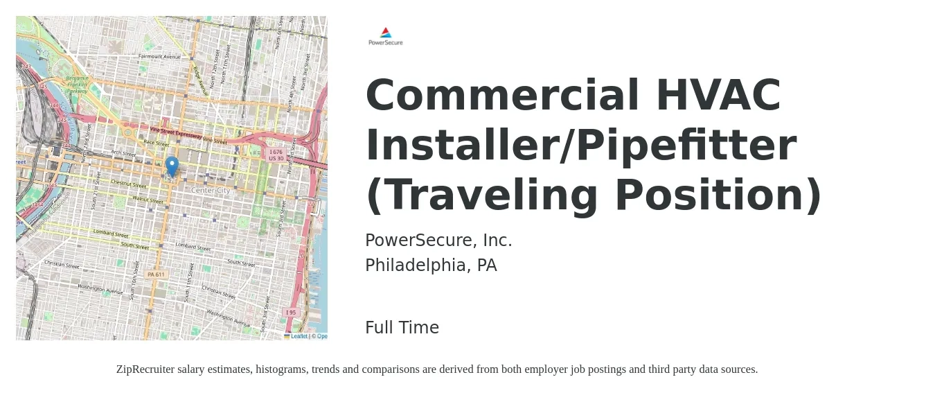 PowerSecure, Inc. job posting for a Commercial HVAC Installer/Pipefitter (Traveling Position) in Philadelphia, PA with a salary of $20 to $31 Hourly with a map of Philadelphia location.