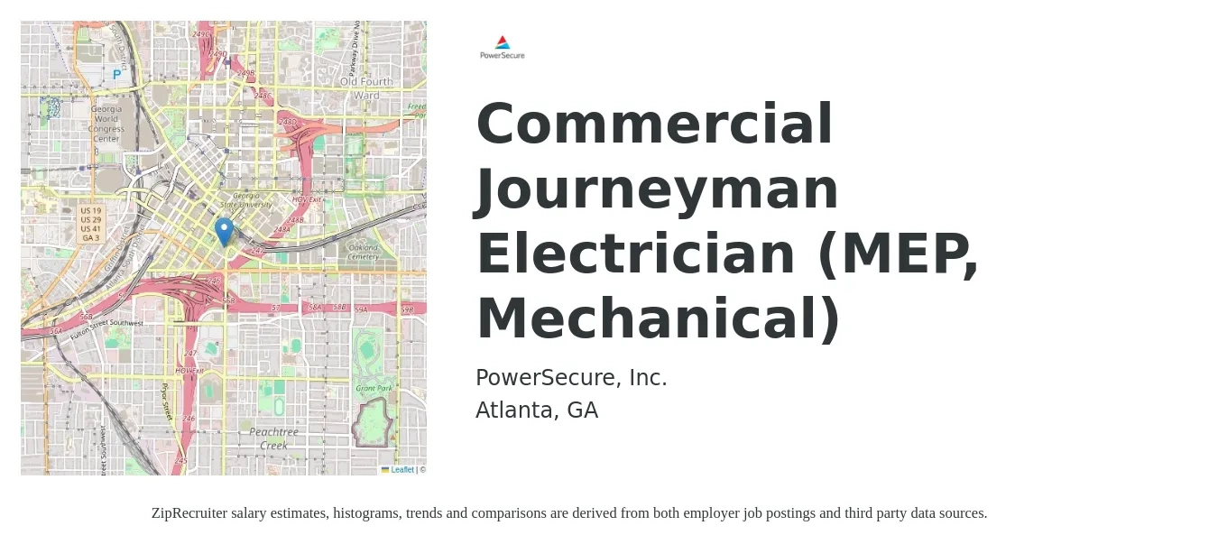 PowerSecure, Inc. job posting for a Commercial Journeyman Electrician (MEP, Mechanical) in Atlanta, GA with a salary of $27 to $36 Hourly with a map of Atlanta location.