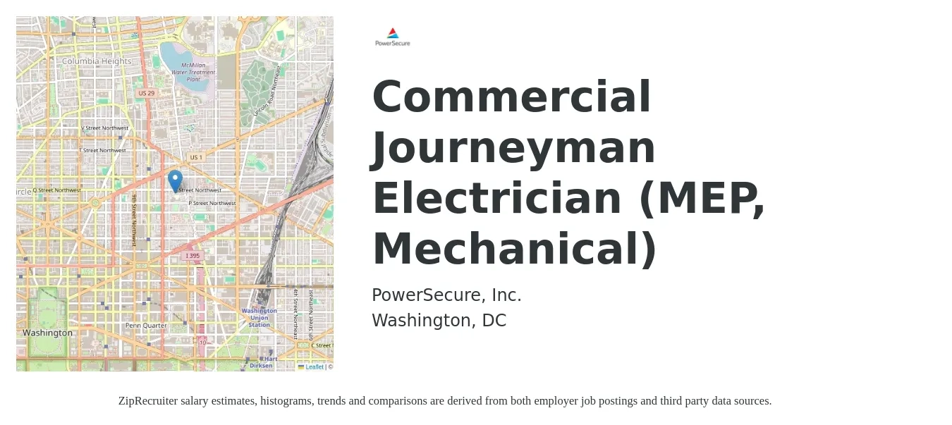 PowerSecure, Inc. job posting for a Commercial Journeyman Electrician (MEP, Mechanical) in Washington, DC with a salary of $31 to $43 Hourly with a map of Washington location.