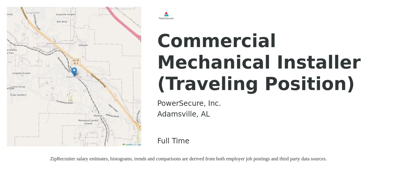 PowerSecure, Inc. job posting for a Commercial Mechanical Installer (Traveling Position) in Adamsville, AL with a salary of $21 to $32 Hourly with a map of Adamsville location.