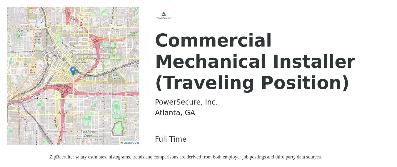 PowerSecure, Inc. job posting for a Commercial Mechanical Installer (Traveling Position) in Atlanta, GA with a salary of $21 to $31 Hourly with a map of Atlanta location.
