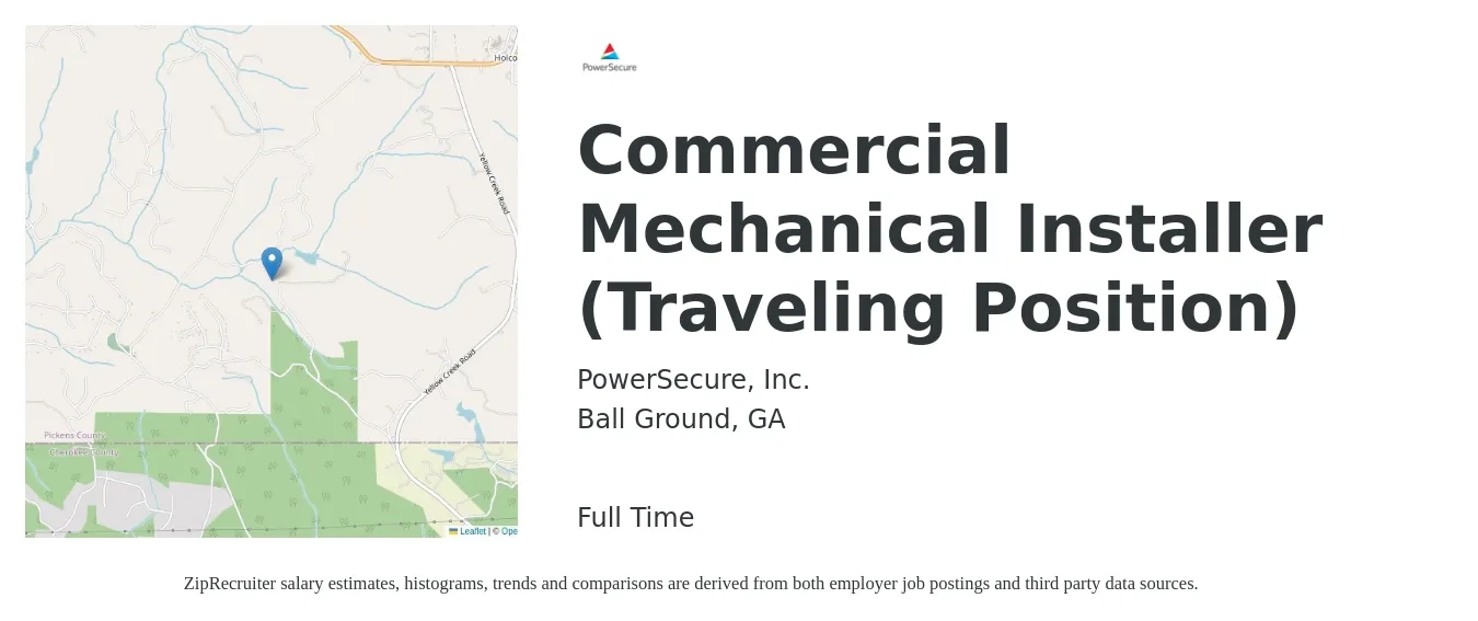PowerSecure, Inc. job posting for a Commercial Mechanical Installer (Traveling Position) in Ball Ground, GA with a salary of $20 to $30 Hourly with a map of Ball Ground location.