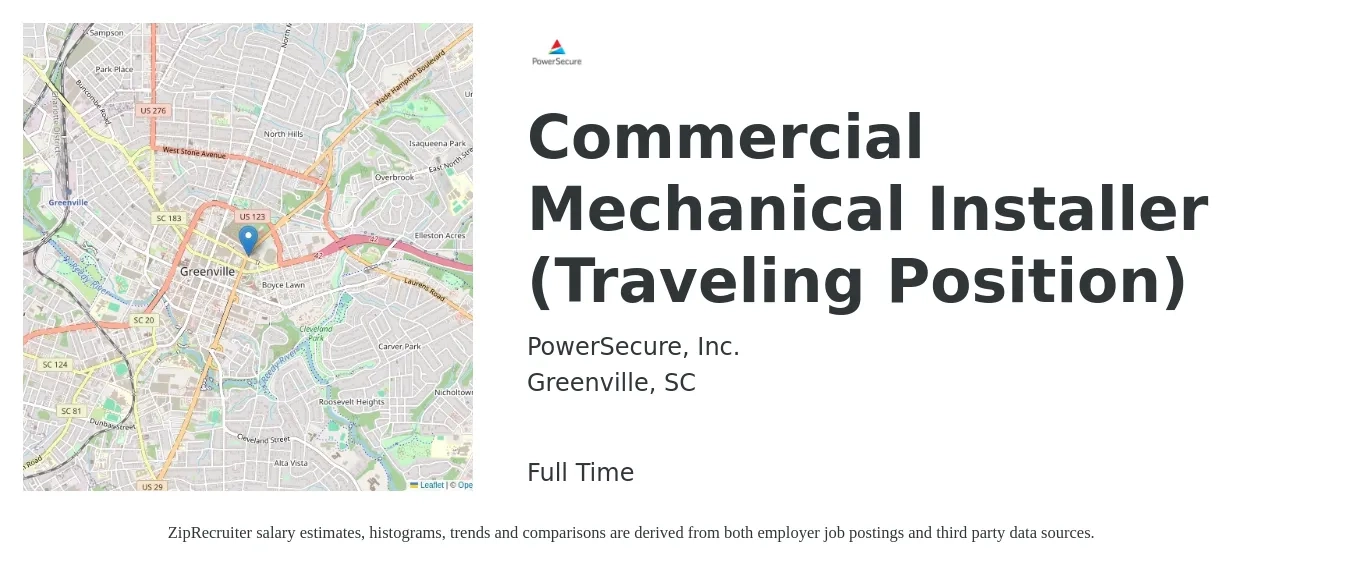 PowerSecure, Inc. job posting for a Commercial Mechanical Installer (Traveling Position) in Greenville, SC with a salary of $20 to $30 Hourly with a map of Greenville location.