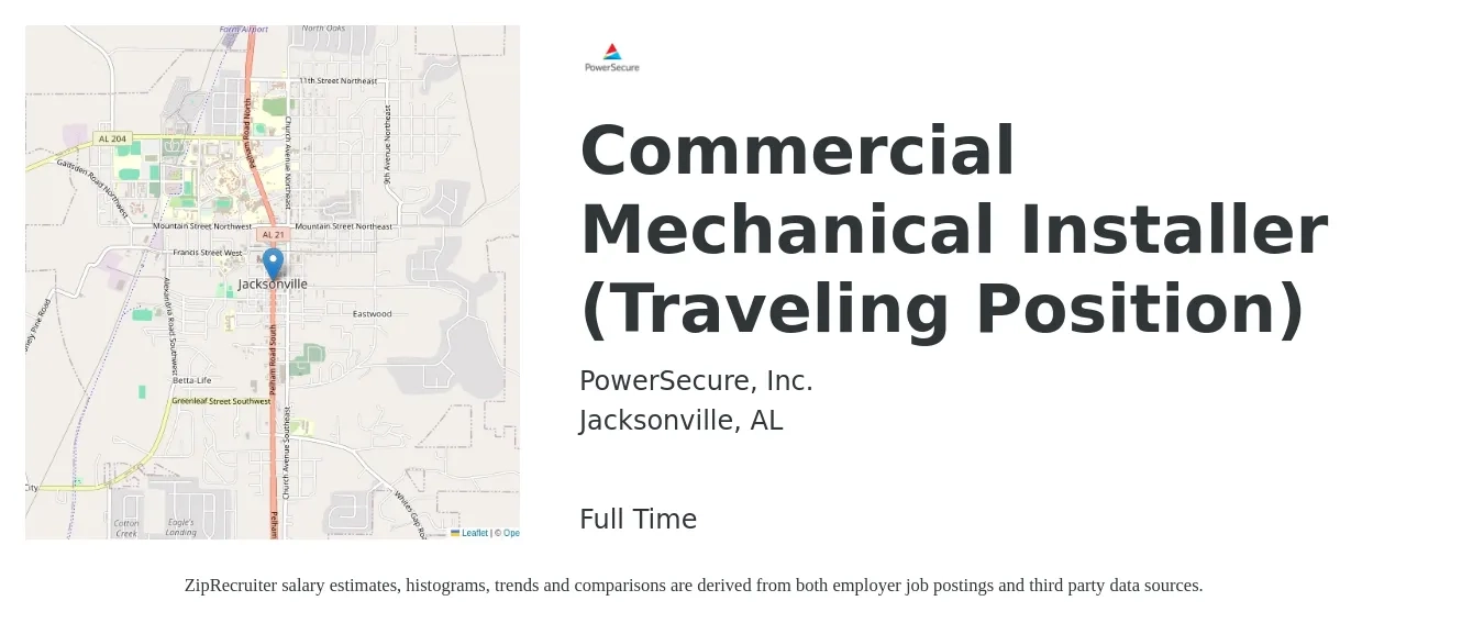 PowerSecure, Inc. job posting for a Commercial Mechanical Installer (Traveling Position) in Jacksonville, AL with a salary of $20 to $30 Hourly with a map of Jacksonville location.