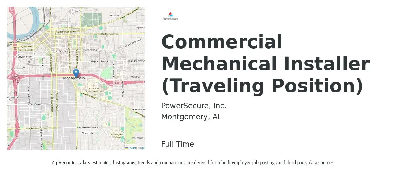 PowerSecure, Inc. job posting for a Commercial Mechanical Installer (Traveling Position) in Montgomery, AL with a salary of $21 to $32 Hourly with a map of Montgomery location.