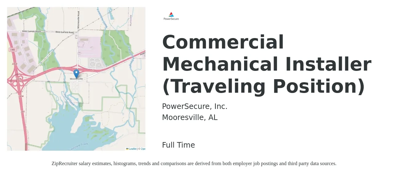 PowerSecure, Inc. job posting for a Commercial Mechanical Installer (Traveling Position) in Mooresville, AL with a salary of $20 to $30 Hourly with a map of Mooresville location.
