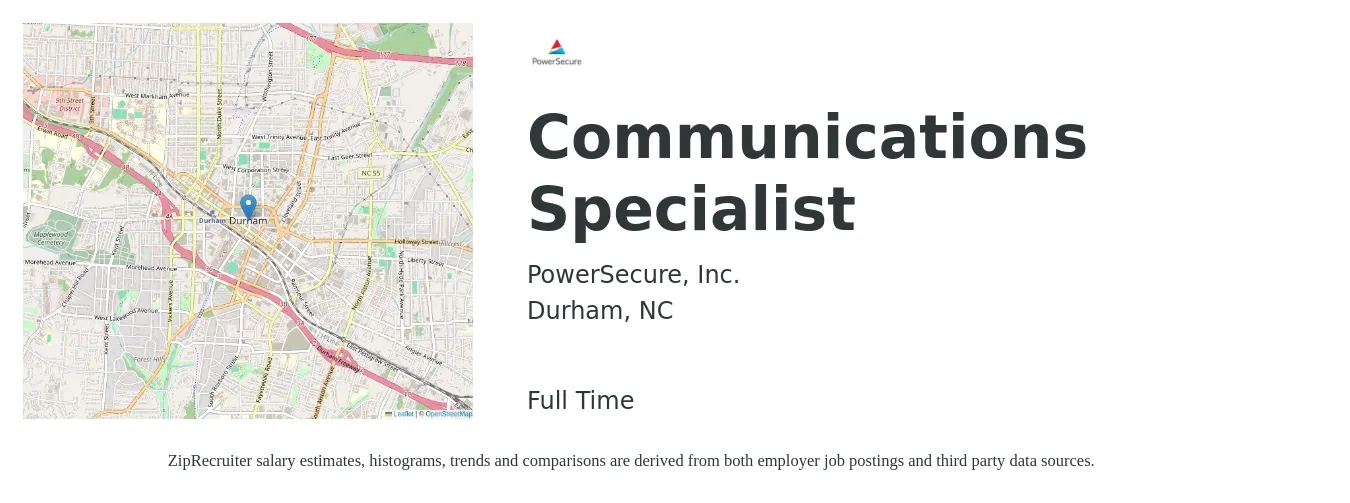 PowerSecure, Inc. job posting for a Communications Specialist in Durham, NC with a salary of $48,500 to $64,300 Yearly with a map of Durham location.