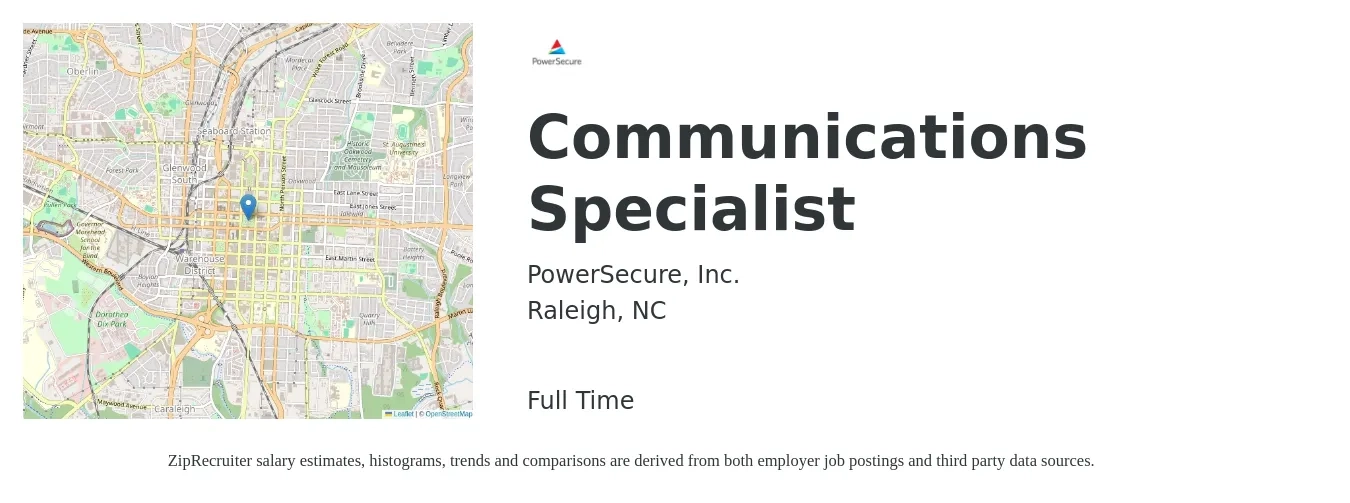 PowerSecure job posting for a Communications Specialist in Raleigh, NC with a salary of $45,900 to $61,000 Yearly with a map of Raleigh location.