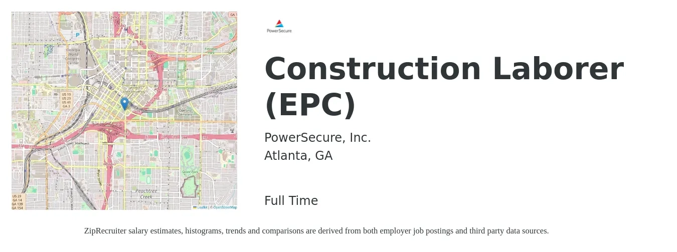 PowerSecure, Inc. job posting for a Construction Laborer (EPC) in Atlanta, GA with a salary of $17 to $22 Hourly with a map of Atlanta location.