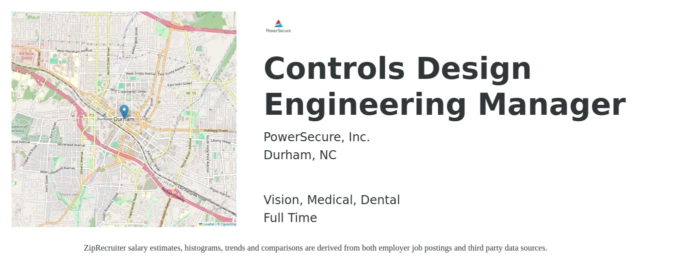 PowerSecure, Inc. job posting for a Controls Design Engineering Manager in Durham, NC with a salary of $72,900 to $94,700 Yearly with a map of Durham location.
