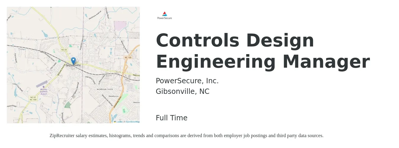 PowerSecure, Inc. job posting for a Controls Design Engineering Manager in Gibsonville, NC with a salary of $57,300 to $74,400 Yearly with a map of Gibsonville location.