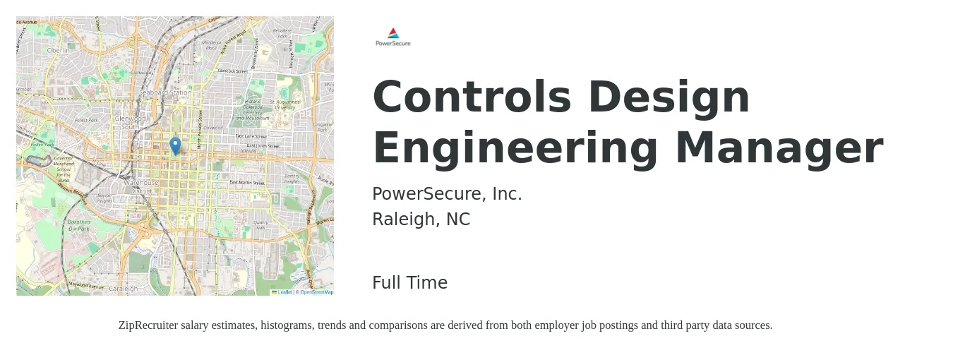 PowerSecure, Inc. job posting for a Controls Design Engineering Manager in Raleigh, NC with a salary of $69,100 to $89,700 Yearly with a map of Raleigh location.