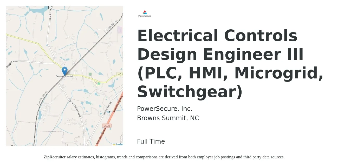 PowerSecure, Inc. job posting for a Electrical Controls Design Engineer III (PLC, HMI, Microgrid, Switchgear) in Browns Summit, NC with a salary of $72,200 to $96,600 Yearly with a map of Browns Summit location.