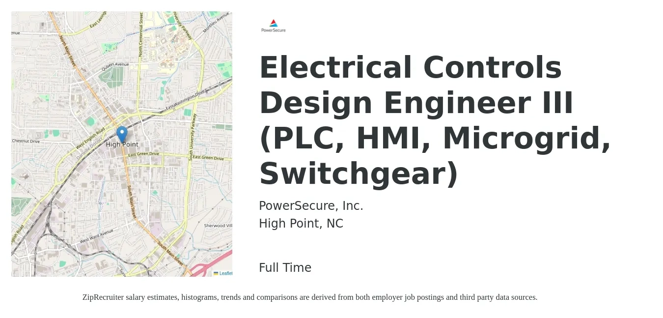 PowerSecure, Inc. job posting for a Electrical Controls Design Engineer III (PLC, HMI, Microgrid, Switchgear) in High Point, NC with a salary of $71,400 to $95,500 Yearly with a map of High Point location.
